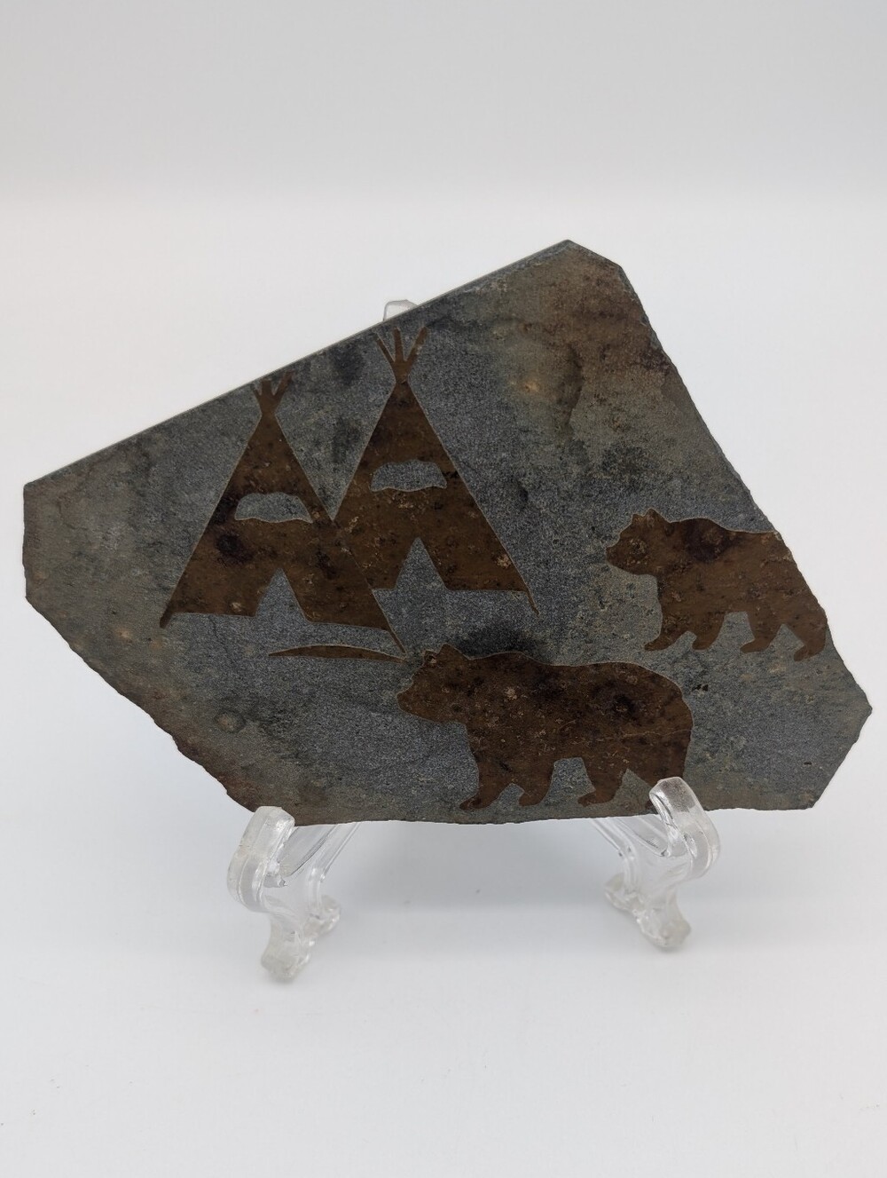 Montana Stone Carving Rustic Bear & Teepee Slate Art Plaque